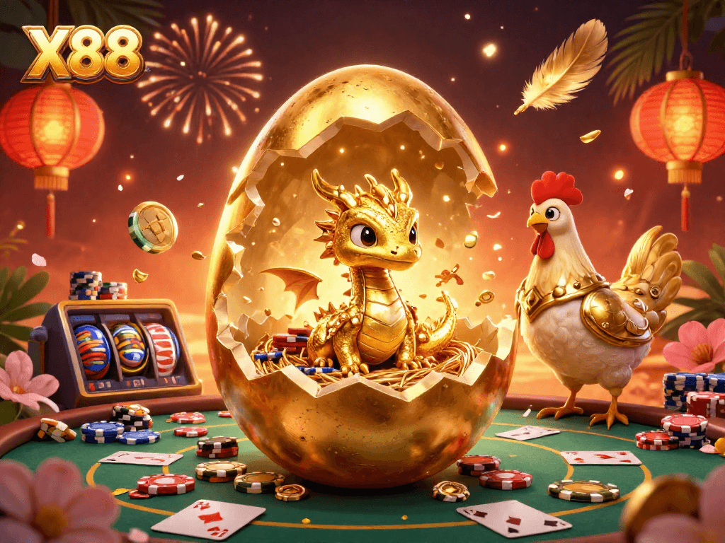 X88 reveals a golden dragon and poker chips in a vibrant casino-themed illustration.