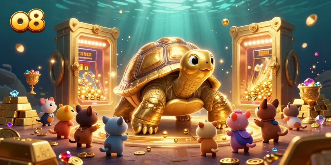 Play and win at o8 in a vibrant casino scene with a colossal golden tortoise and treasure galore.