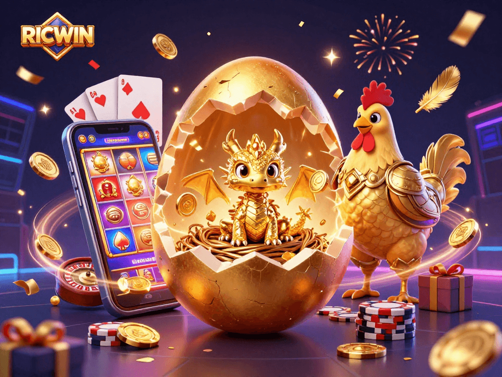 Experience RICWIN with a golden dragon and smartphone, amidst confetti and casino elements.
