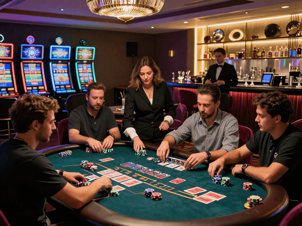 Intense gaming moment at KOMBET168 baccarat table in a luxurious gaming lounge.