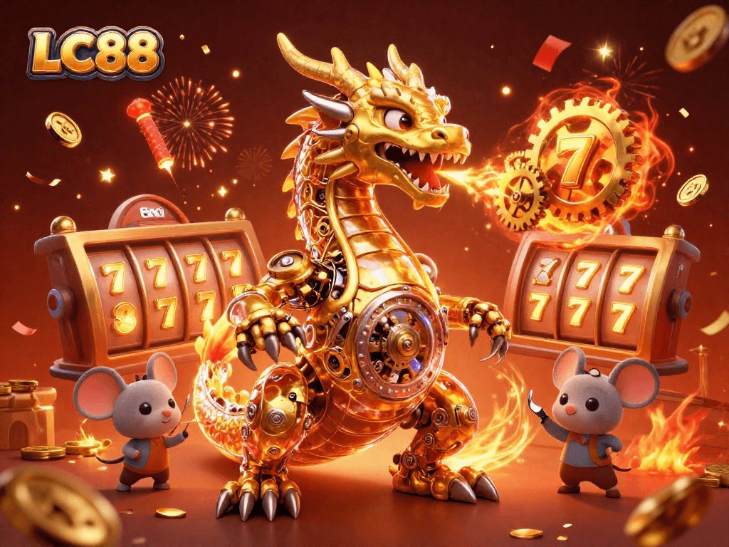 LC88 offers thrilling gameplay opportunities featuring a dragon, slot reels, and golden coins.
