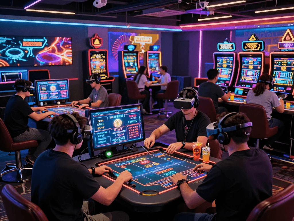 Exciting crypto casino scene with diverse players at digital tables, showcasing vibrant atmosphere and technology.