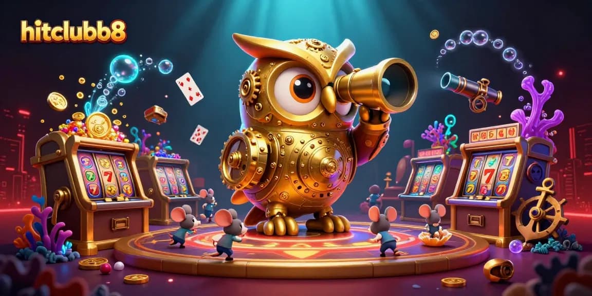 hitclubb8 showcases a vibrant 3D casino floor scene with a clockwork owl and whimsical mice amidst gold and gems