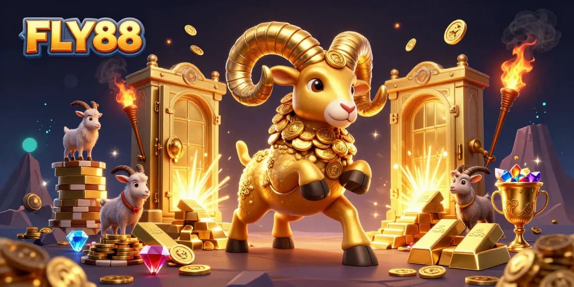 Join the excitement with FLY88's golden ram charging through riches in this vibrant casino scene.