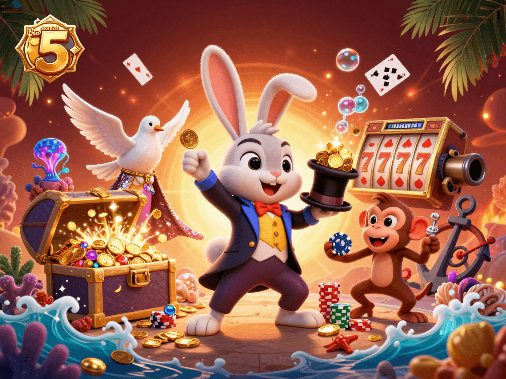 Experience thrilling wins with kèo nhà cái 5 illustrated by a magician pulling coins and vibrant casino elements.
