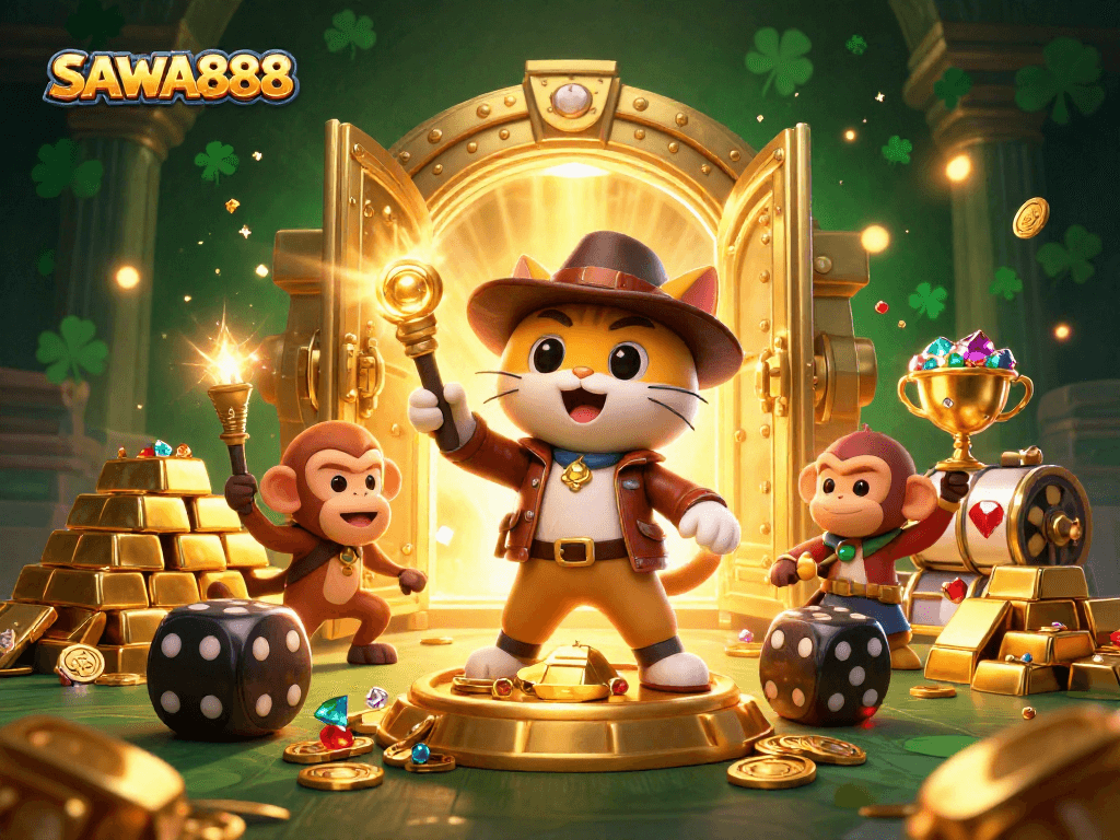 Experience thrilling gameplay with SAWA888 as a cat explorer discovers golden casino treasures.