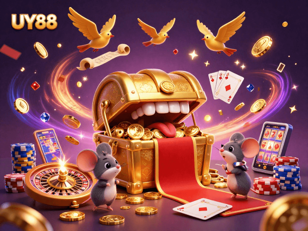 Experience the thrill of UY88 with a treasure chest alluring adventurers amidst cascading coins and gems.