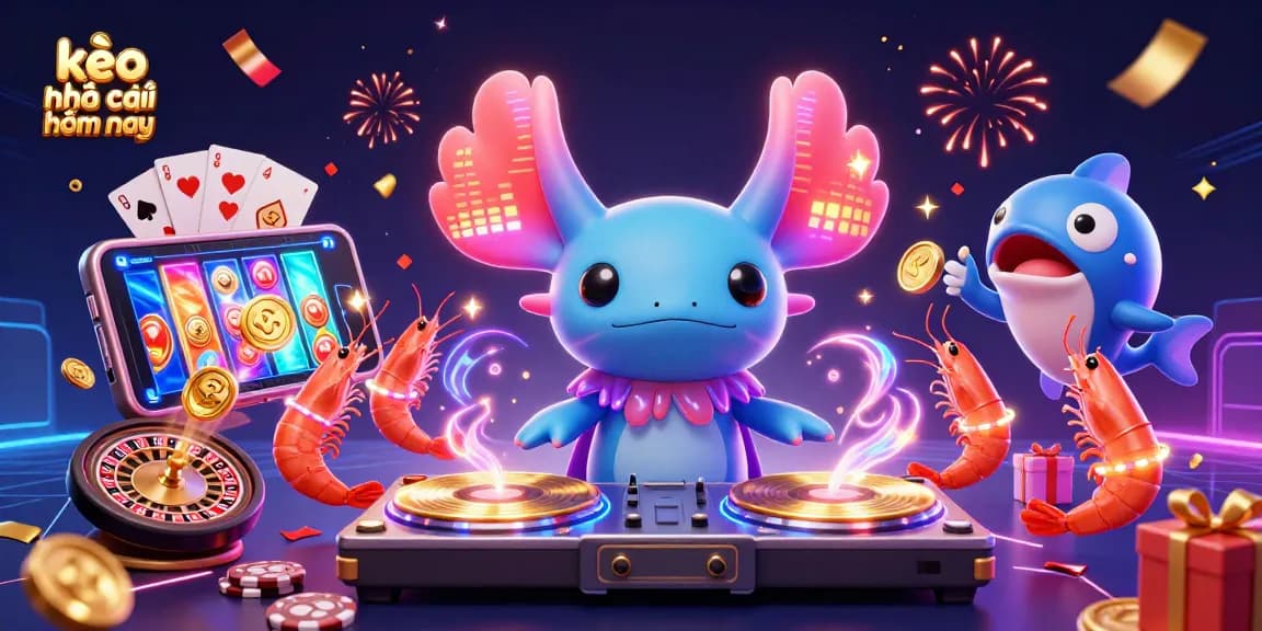 Engage with kèo nhà cái hôm nay through a vibrant 3D casino scene featuring a DJ axolotl and exciting gaming elements.