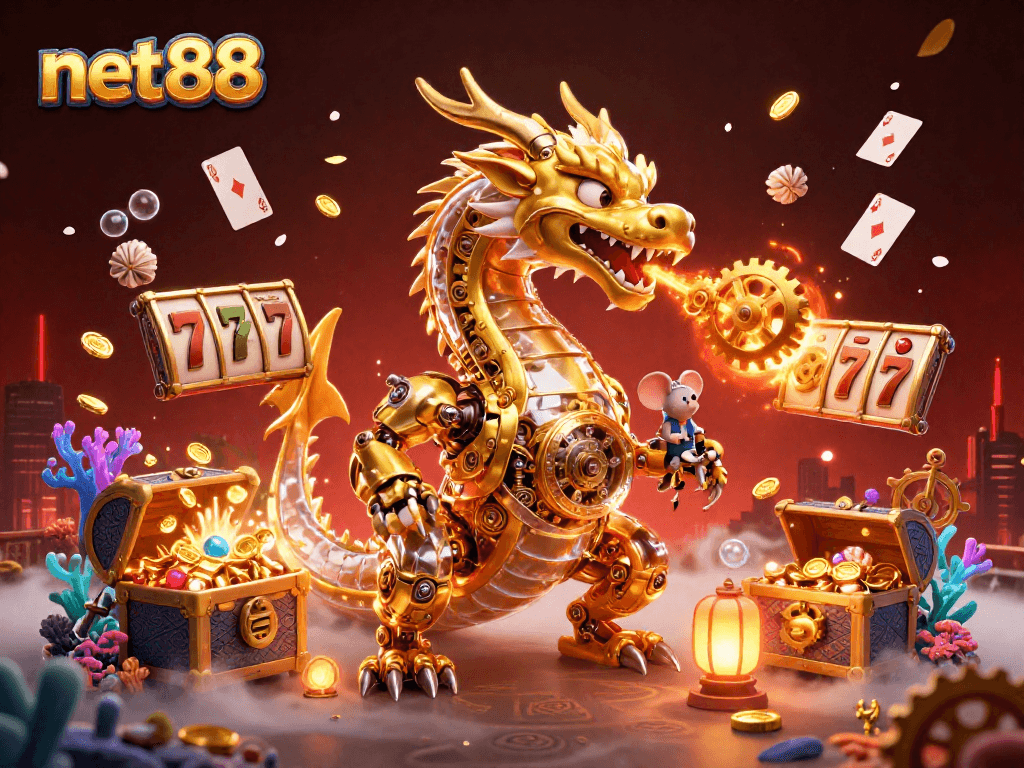 Experience the excitement of net88 with a captivating illustration of a golden dragon, slot reels, and treasures.