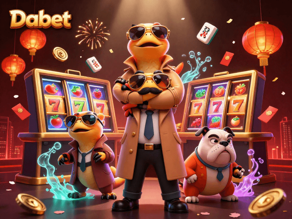 Dabet showcases an amusing scene with raptors in a trench coat attempting to enter a casino, featuring vibrant gambling elements.