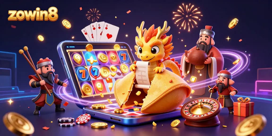 Play vibrant slot games on zowin8 with a majestic golden fortune cookie scene filled with dragons and riches.