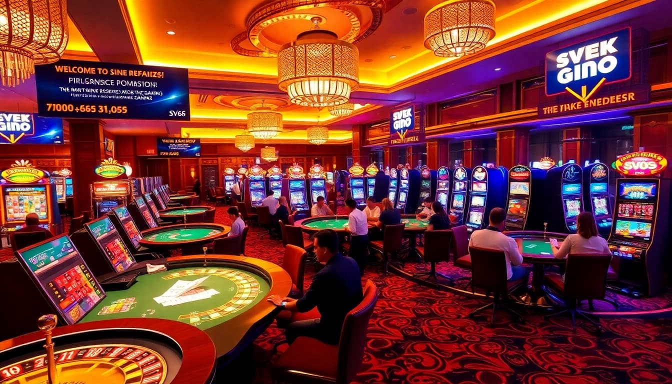 Engage with SV66's thrilling casino scene featuring players at poker tables and slot machines.