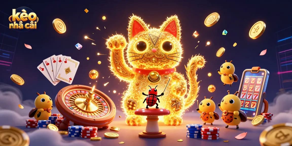 Experience the thrill of kèo nhà cái with a vibrant scene of a lucky cat and casino symbols.