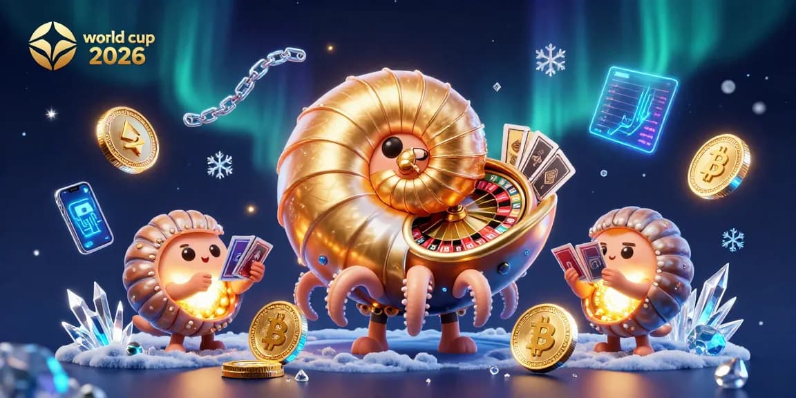 Engage with the world cup 2026 in this vibrant 3D illustration featuring a nautilus roulette wheel and crypto elements.