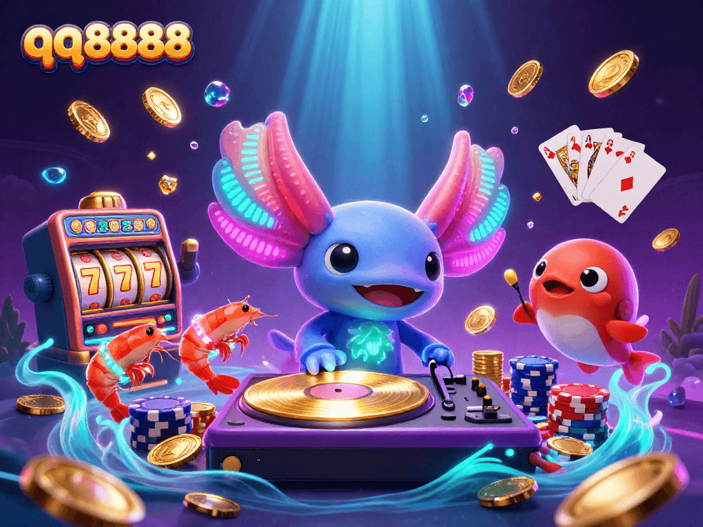 Experience exciting gaming action with qq8888 in this vibrant casino-themed digital illustration.