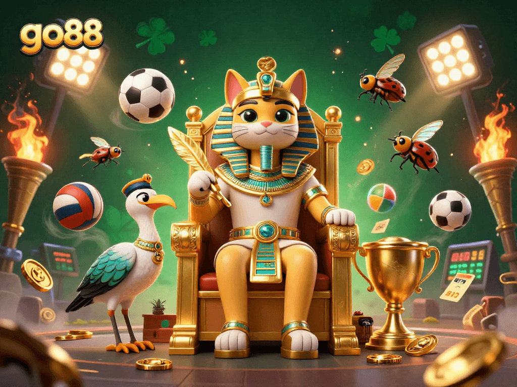 Engage with go88 in a vibrant 3D illustration showcasing a pharaoh cat and sports betting elements.
