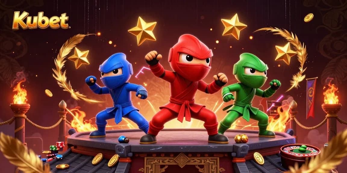 Kubet's ninja chameleons showcase thrilling martial arts moves in a vibrant casino arena.