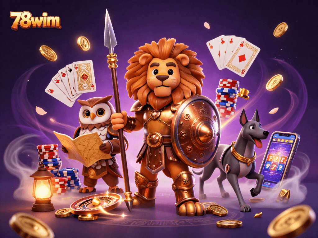 Experience the thrilling 78wim gaming adventure with a bronze Spartan lion, colorful chips, and spinning roulette.