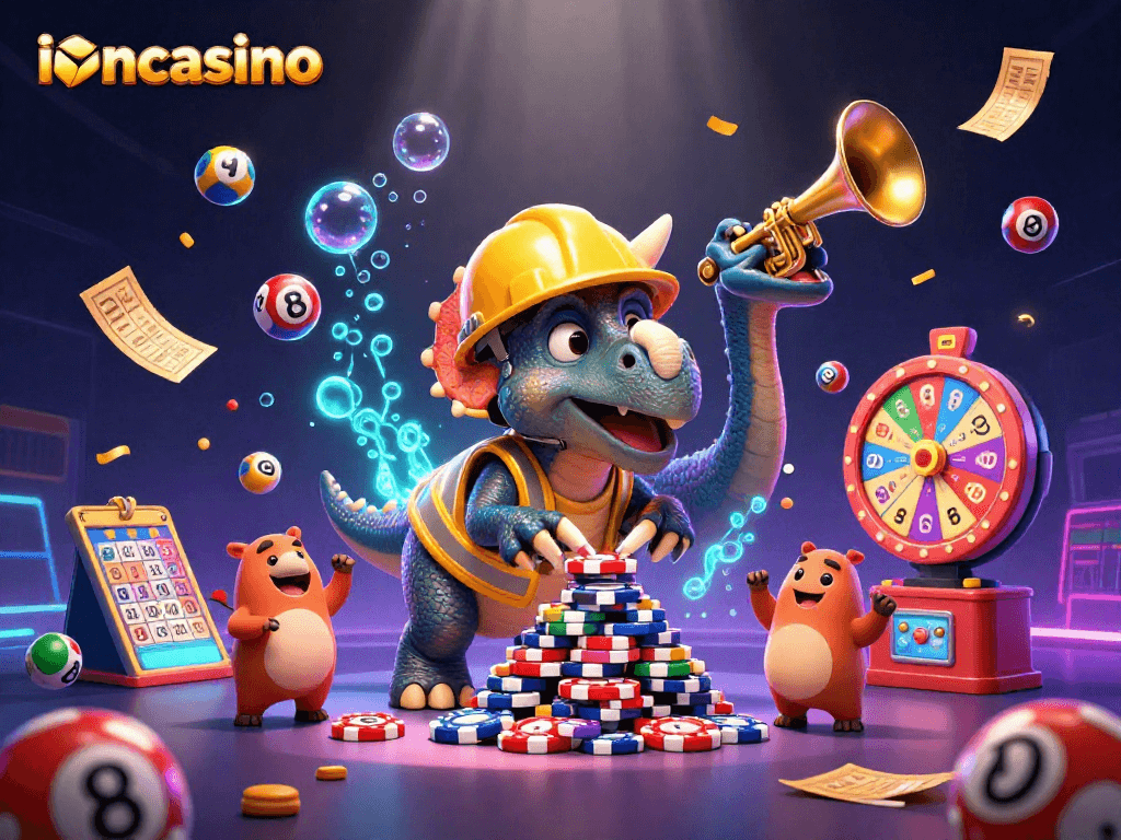 Bet on excitement at ioncasino with a triceratops building poker chip towers amidst cheery dinosaurs.