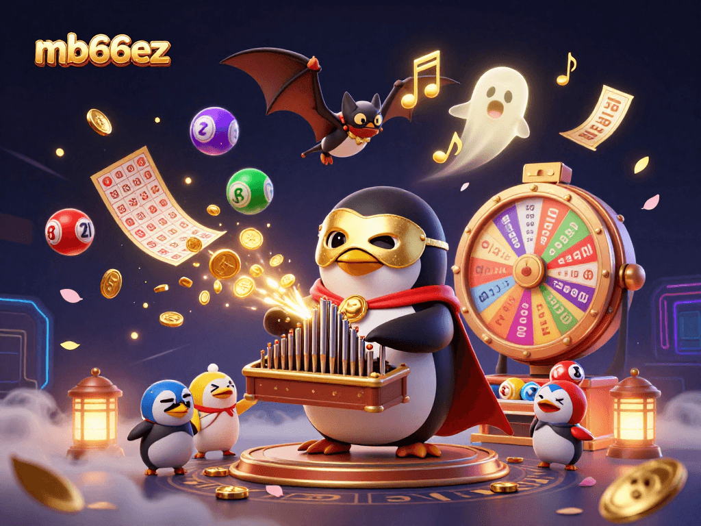 Experience thrilling wins with mb66ez featuring a penguin playing organ amidst vibrant casino elements.