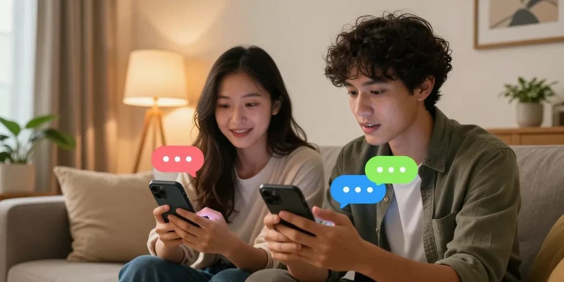 Couple enjoying intimate conversations using sex chat ai on their smartphones in a cozy living room.