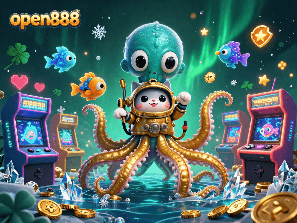 Engage with open888's thrilling underwater casino adventure featuring a colossal kraken and a diving cat.