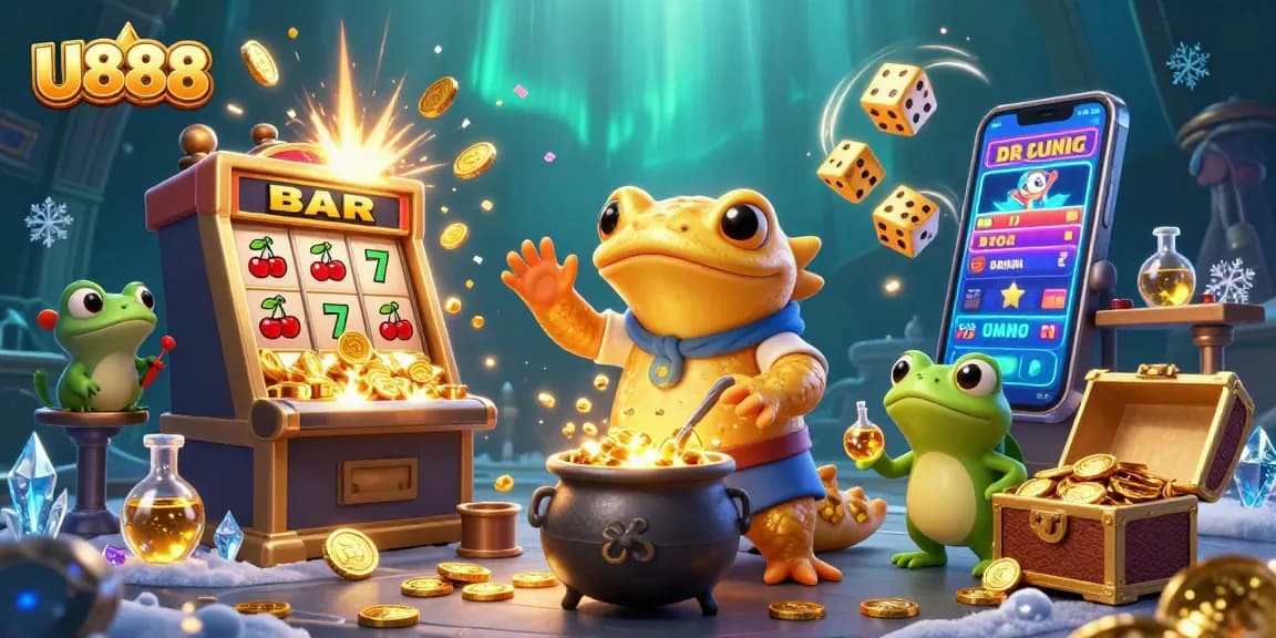 Discover thrilling wins with U888 in a vibrant 3D casino illustration showcasing slots and games.