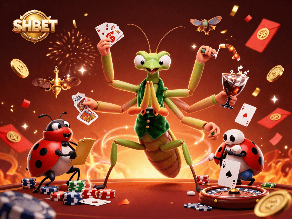 Engage with SHBET's thrilling casino experience featuring dynamic characters dealing cards, shuffling chips, and celebrating with lucky symbols.
