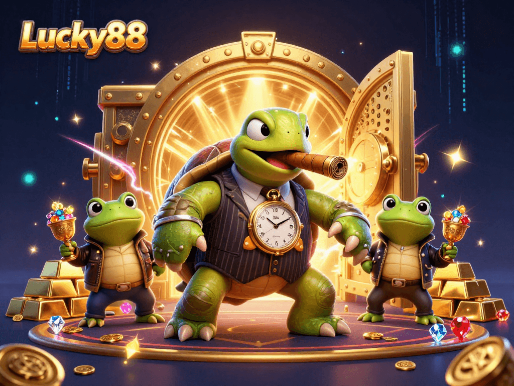 Experience Lucky88 with a vibrant casino scene showcasing a snapping turtle mobster and bullfrog enforcers.