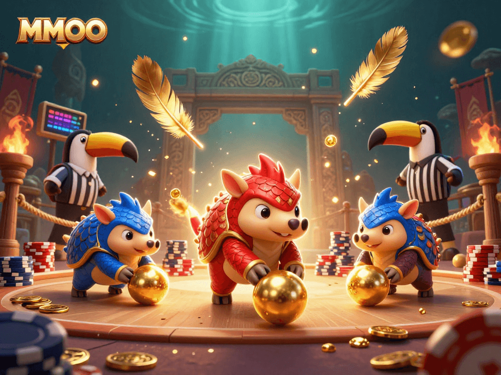 Experience thrilling MMOO action as cartoon pangolins compete in a vibrant casino setting.