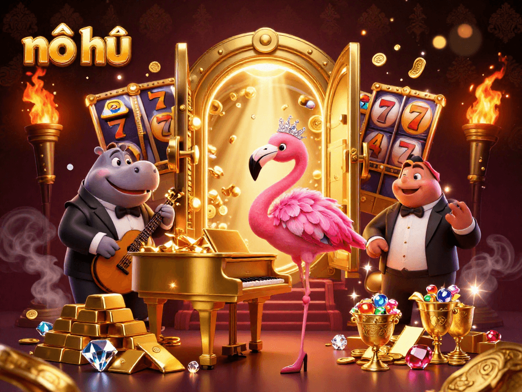 Experience thrilling nổ hũ action with a vibrant casino scene featuring rich treasures and playful characters.