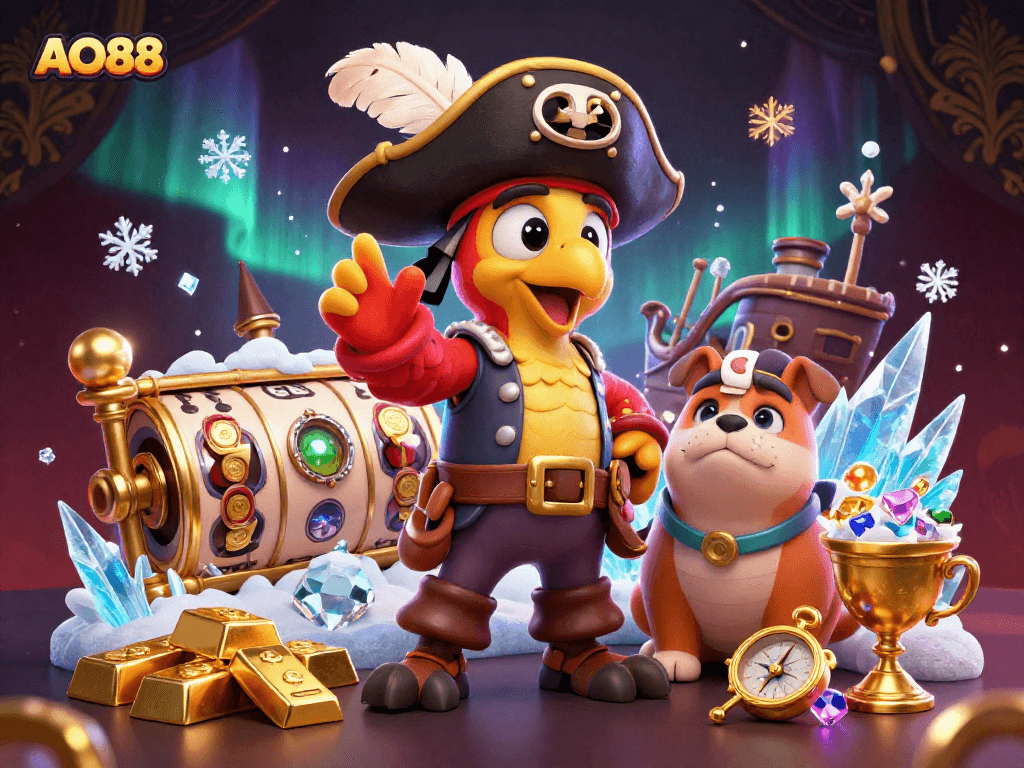 Engage with AO88's thrilling casino experience featuring a pirate captain and vibrant treasures.