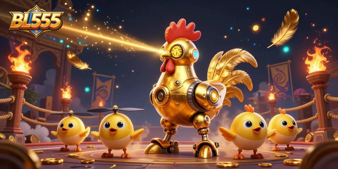 Experience the dynamic world of BL555 casino with golden rooster robot and baby chick drones in action.