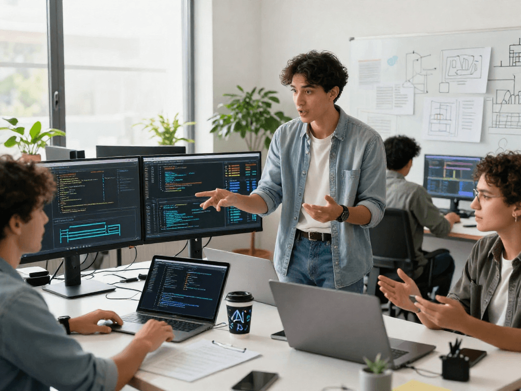 Dynamic workspace showing diverse professionals collaborating on an ai +18 project in modern office with engaging atmosphere.