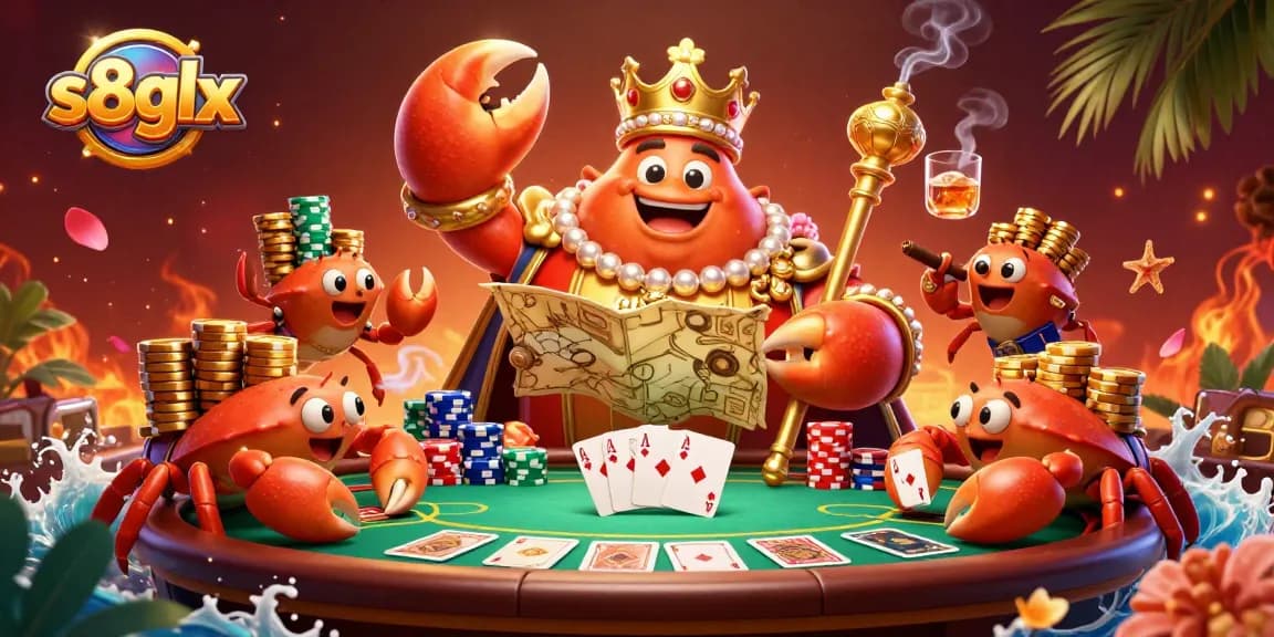 Engage in exciting gameplay with the s8glx platform, showcasing a vibrant casino scene with a golden crab emperor and dynamic poker elements.
