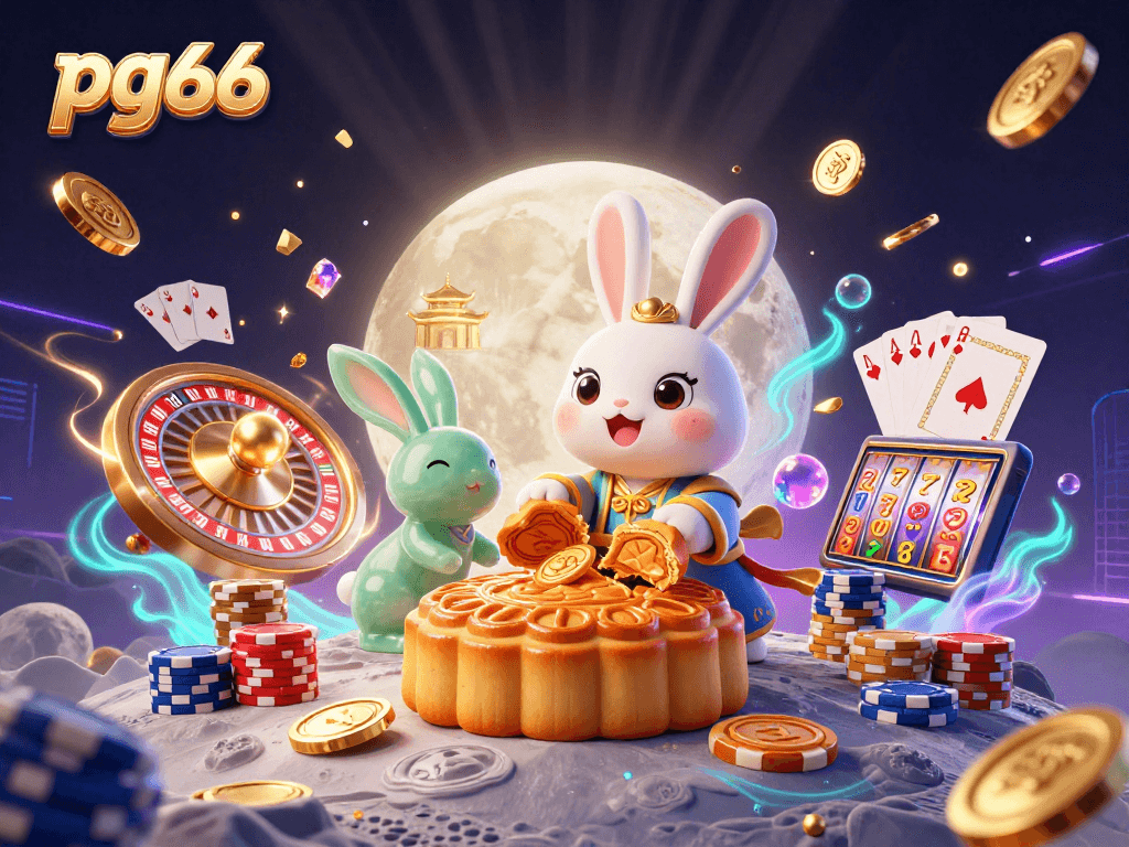 Join pg66 for an exhilarating gaming experience with the moon rabbit surrounded by casino elements.
