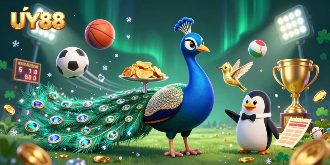 Experience the excitement of UY88 with a vibrant illustration featuring a peacock, penguin butler, and sporty elements.