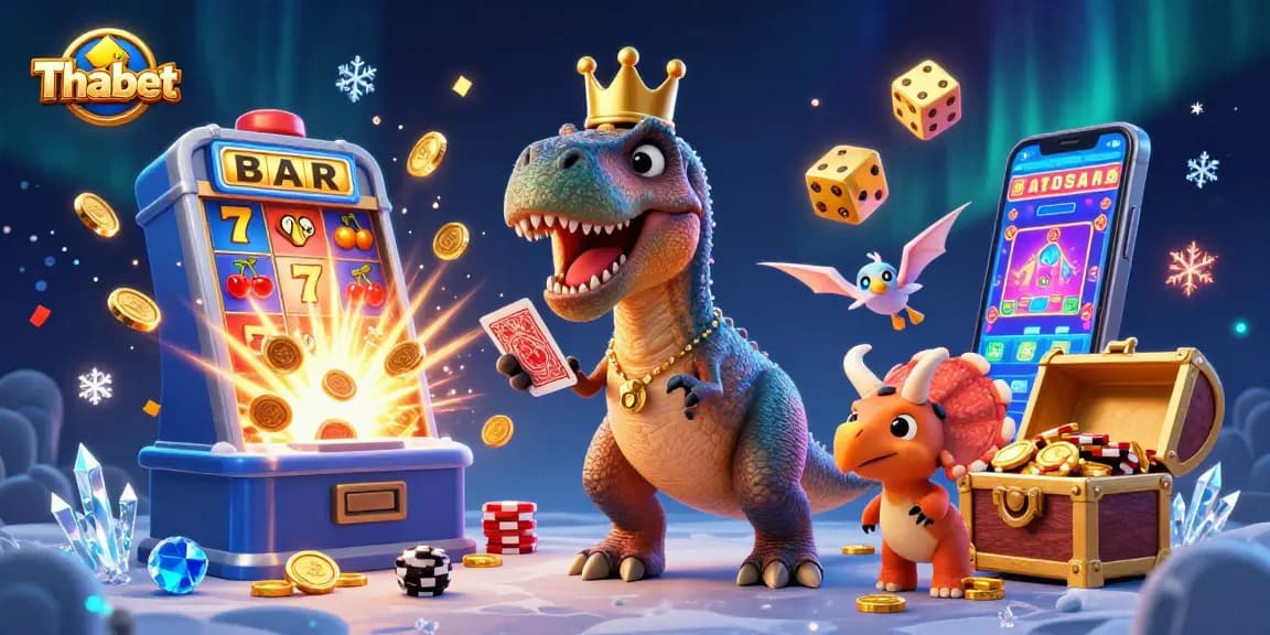 Thabet energizes your casino experience with a vibrant T-Rex at play, stacking golden chips!
