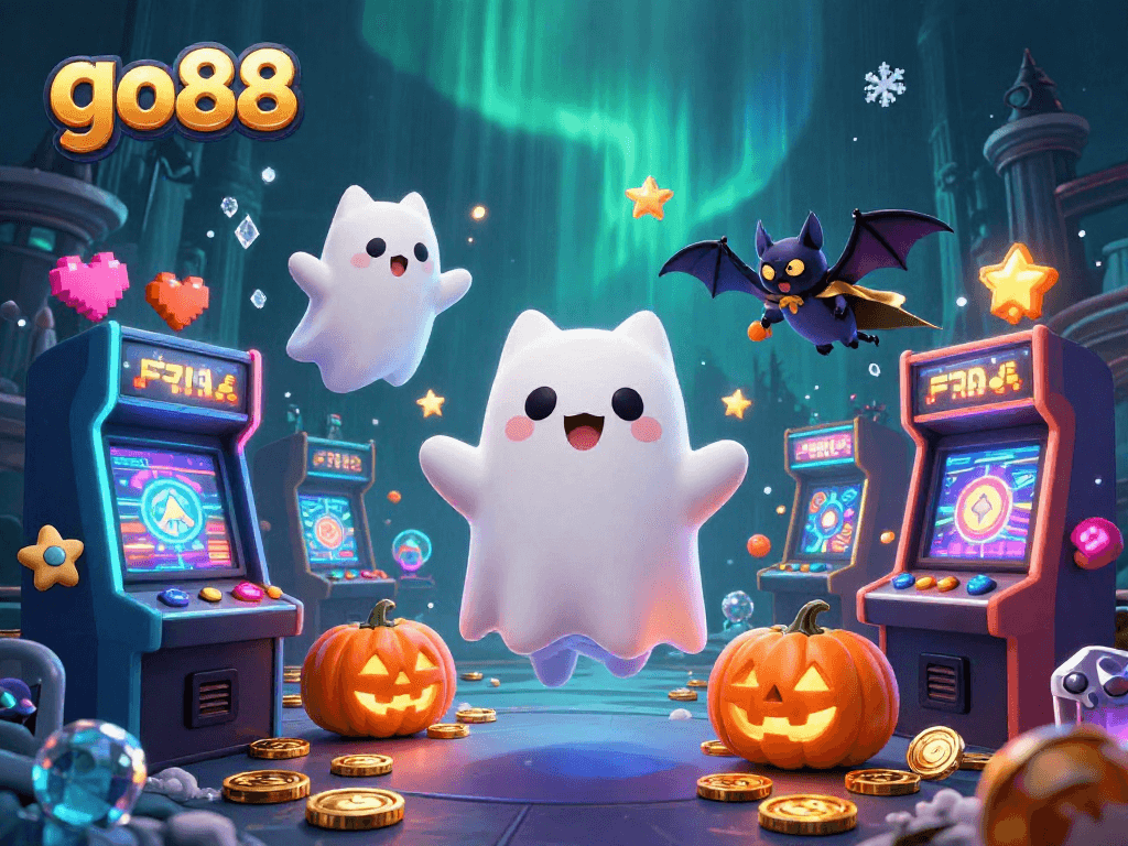 Join the ghost cat and vampire bat in the haunted casino adventure at go88, featuring vibrant arcade elements and engaging gameplay.