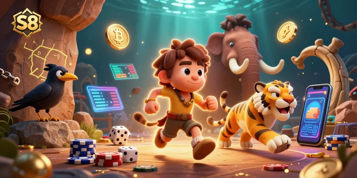 Experience the excitement of S8's prehistoric casino with vibrant characters and dynamic elements.