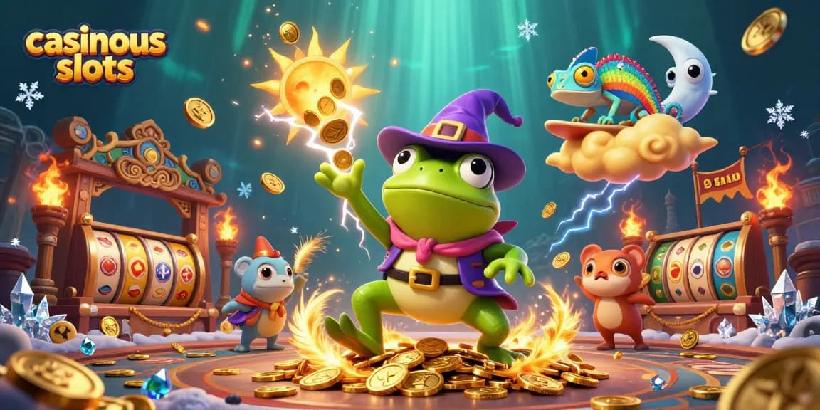Experience the excitement of casinous slots with magical characters amidst golden treasures and vibrant casino elements.