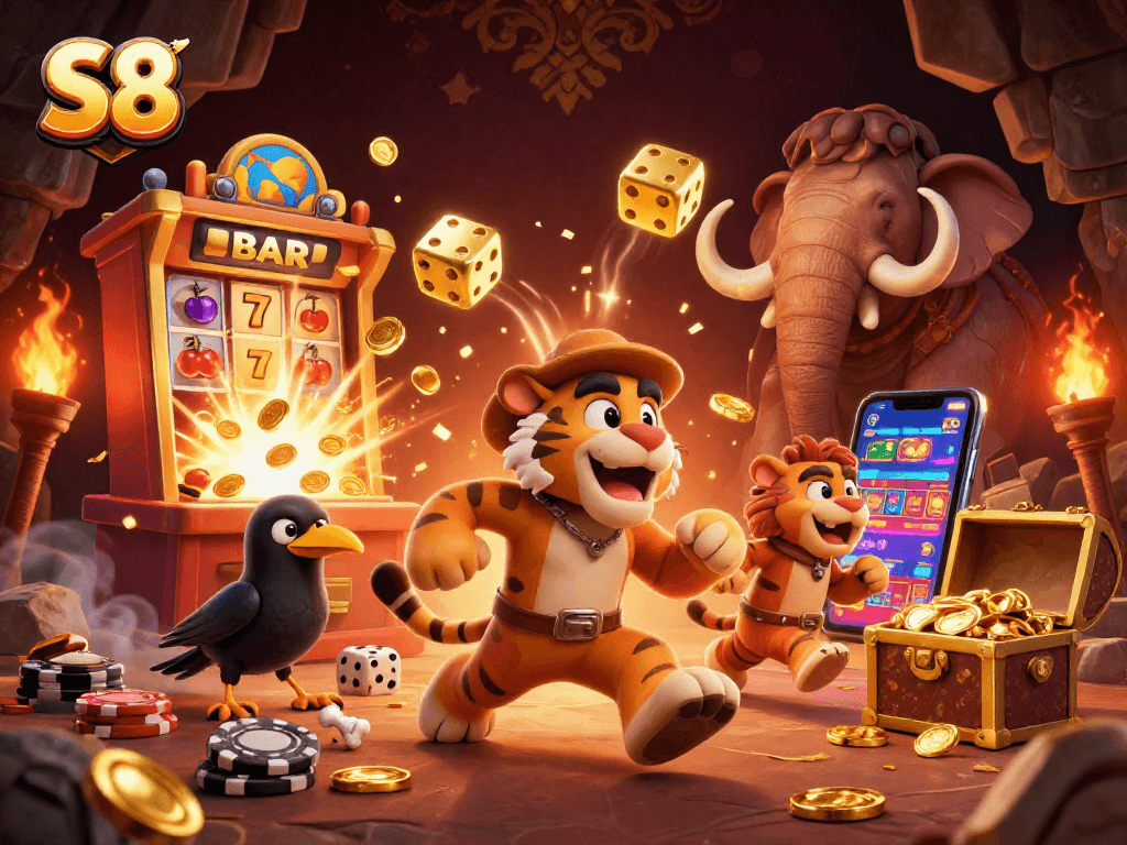 S8 ignites excitement with a prehistoric casino scene featuring winning adventures and jackpot action.