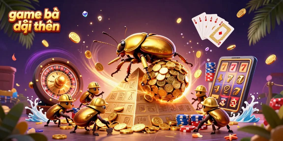 Experience the excitement of game bài đổi thưởng with vibrant casino-themed 3D illustration featuring golden beetles.