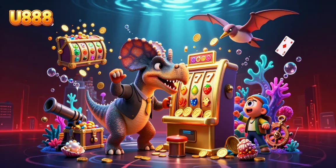 U888 showcases a pachycephalosaurus headbutting a slot machine for a jackpot amidst vivid casino elements.