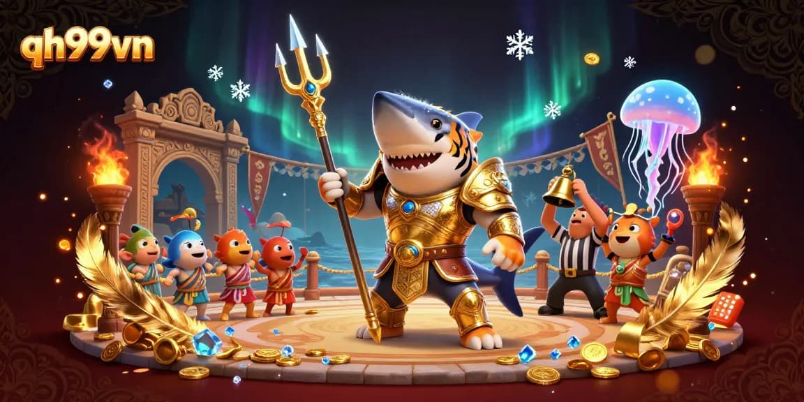 Engage in thrilling gameplay with qh99vn, featuring a gladiator shark in an action-packed underwater colosseum.
