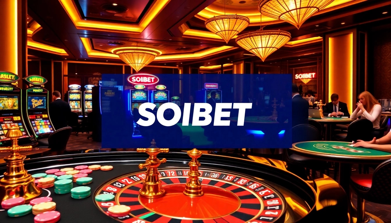 Exciting casino scene with SOIBET branding featuring roulette and poker tables, capturing vibrant gambling atmosphere.