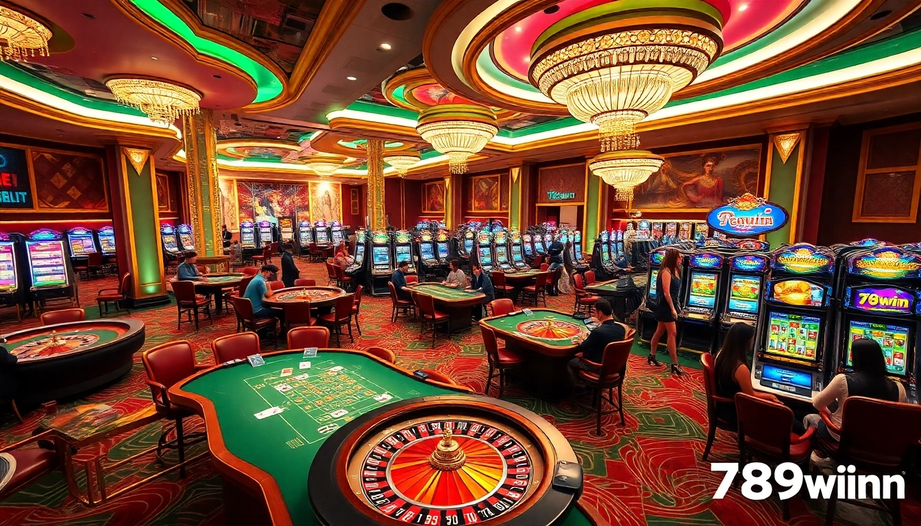Excited players at a luxurious casino gaming floor featuring 789win branded tables and slot machines.