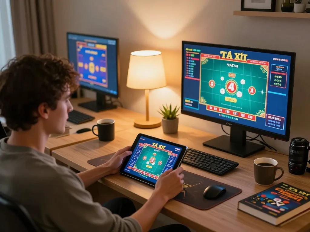 Engaging player enjoying Tài Xỉu game on tablet in cozy home office setting