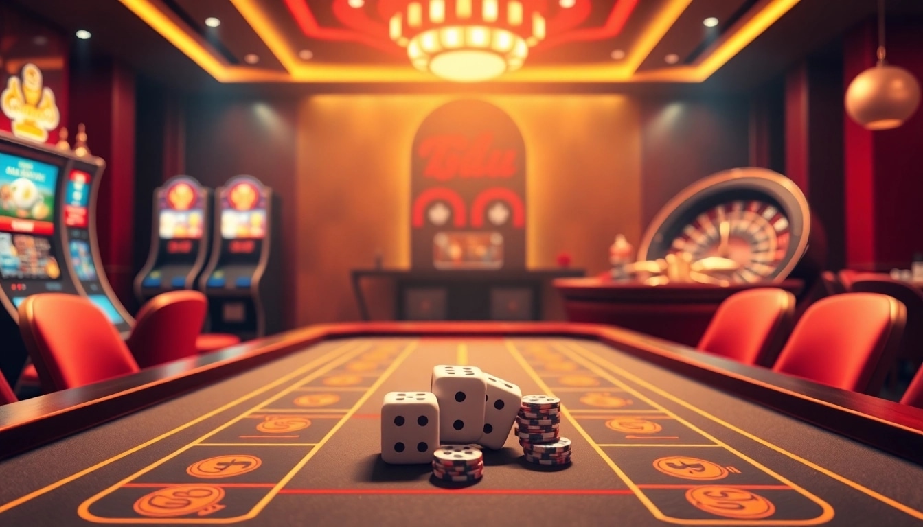 Tài xỉu md5 game setup with rolling dice and vibrant casino decor.