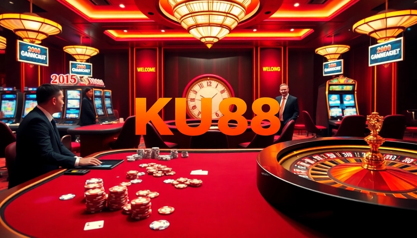 Players enjoying a thrilling game at KU88 casino with engaging tables and vibrant slot machines.